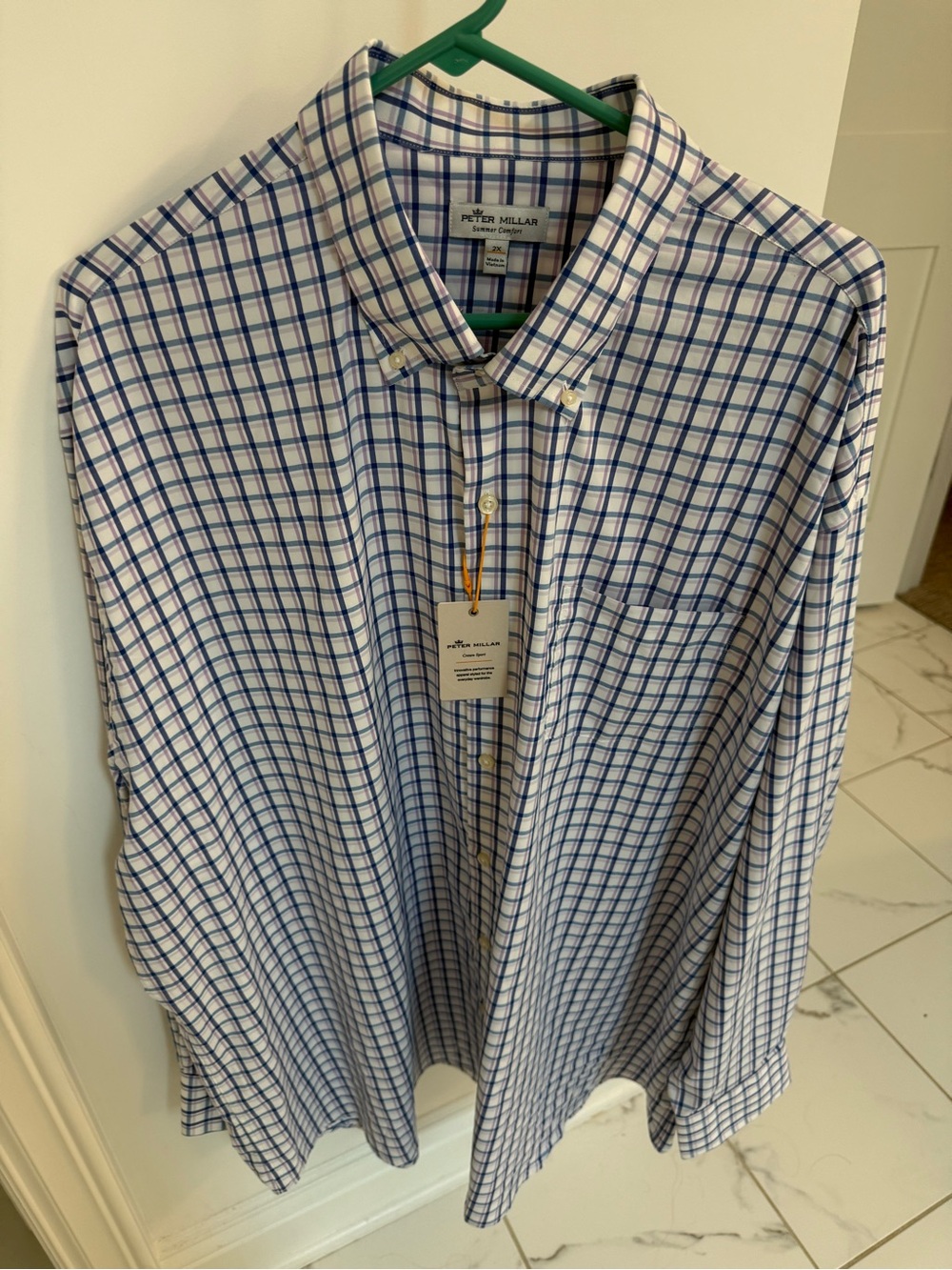 Peter Millar White Shirt with Blue Windowpane Check